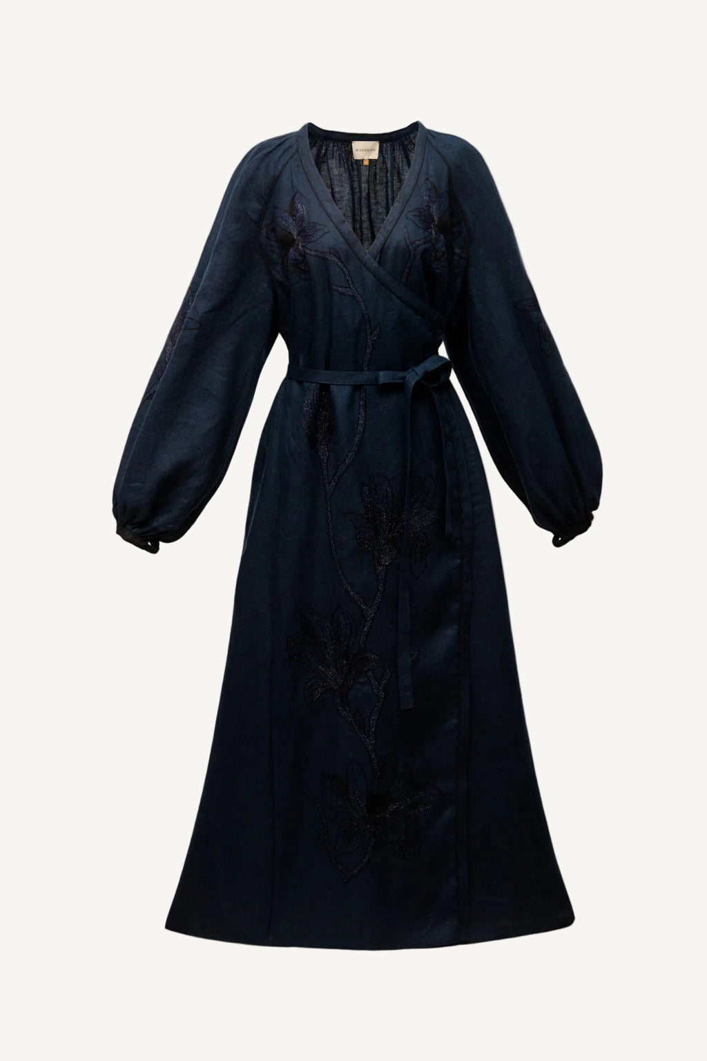 Magnolia navy linen midi dress with floral satin-stitch embroidery, My Sleeping Gypsy