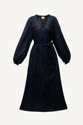 Magnolia navy linen midi dress with floral satin-stitch embroidery, My Sleeping Gypsy