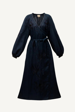 Magnolia navy linen midi dress with floral satin-stitch embroidery, My Sleeping Gypsy