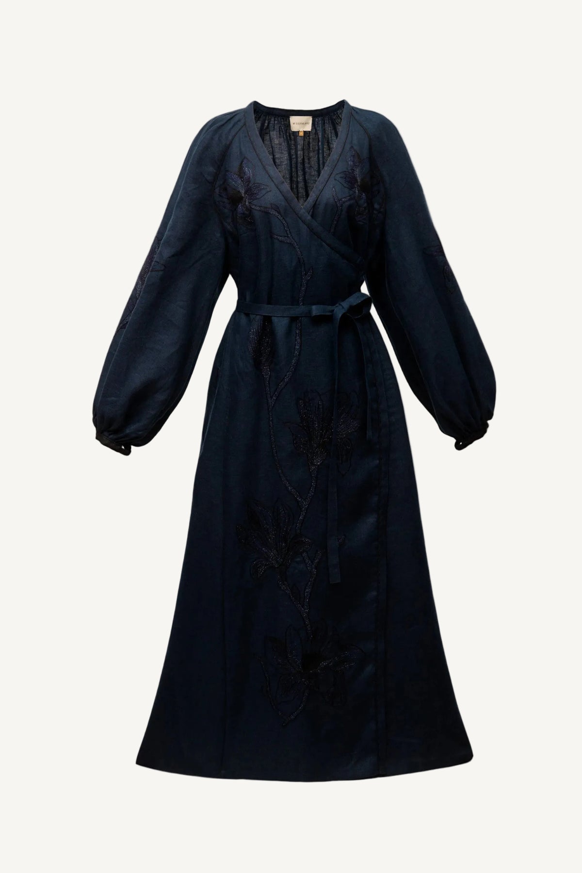 Magnolia navy linen midi dress with floral satin-stitch embroidery, My Sleeping Gypsy