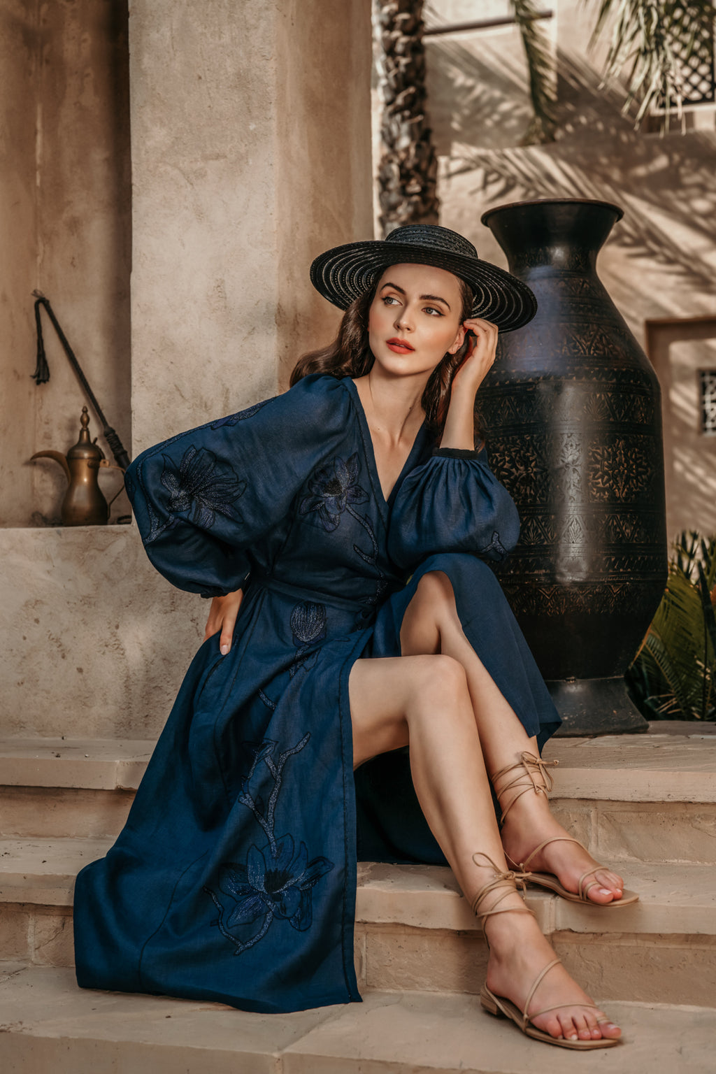 Magnolia navy linen midi dress - wrap silhouette and side pocket detail