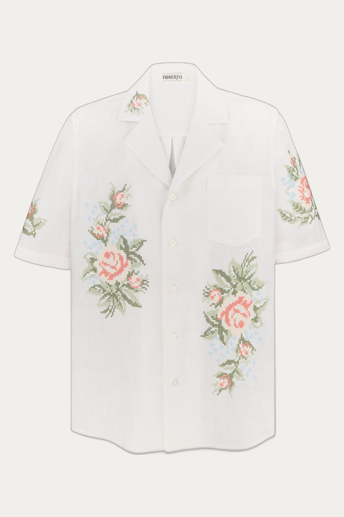 Men Resort  White Linen Floral Embroidered Shirt Enej by Foberini