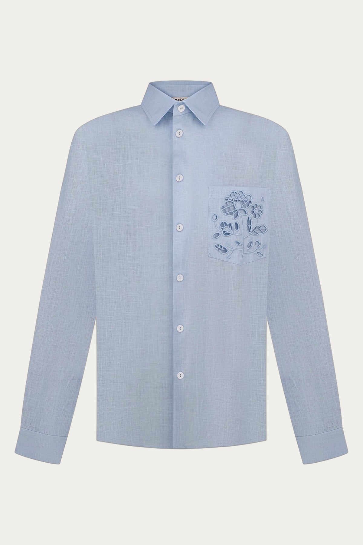 Men’s Blue Linen Shirt with Tree of Life Embroidered Pocket by Foberini