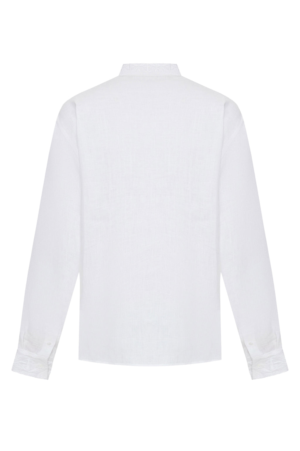 Foberini, Ukrainian vyshyvanka embroidered blouse, white, linen, geometric motif, hand-embroidered – embroidery detail
