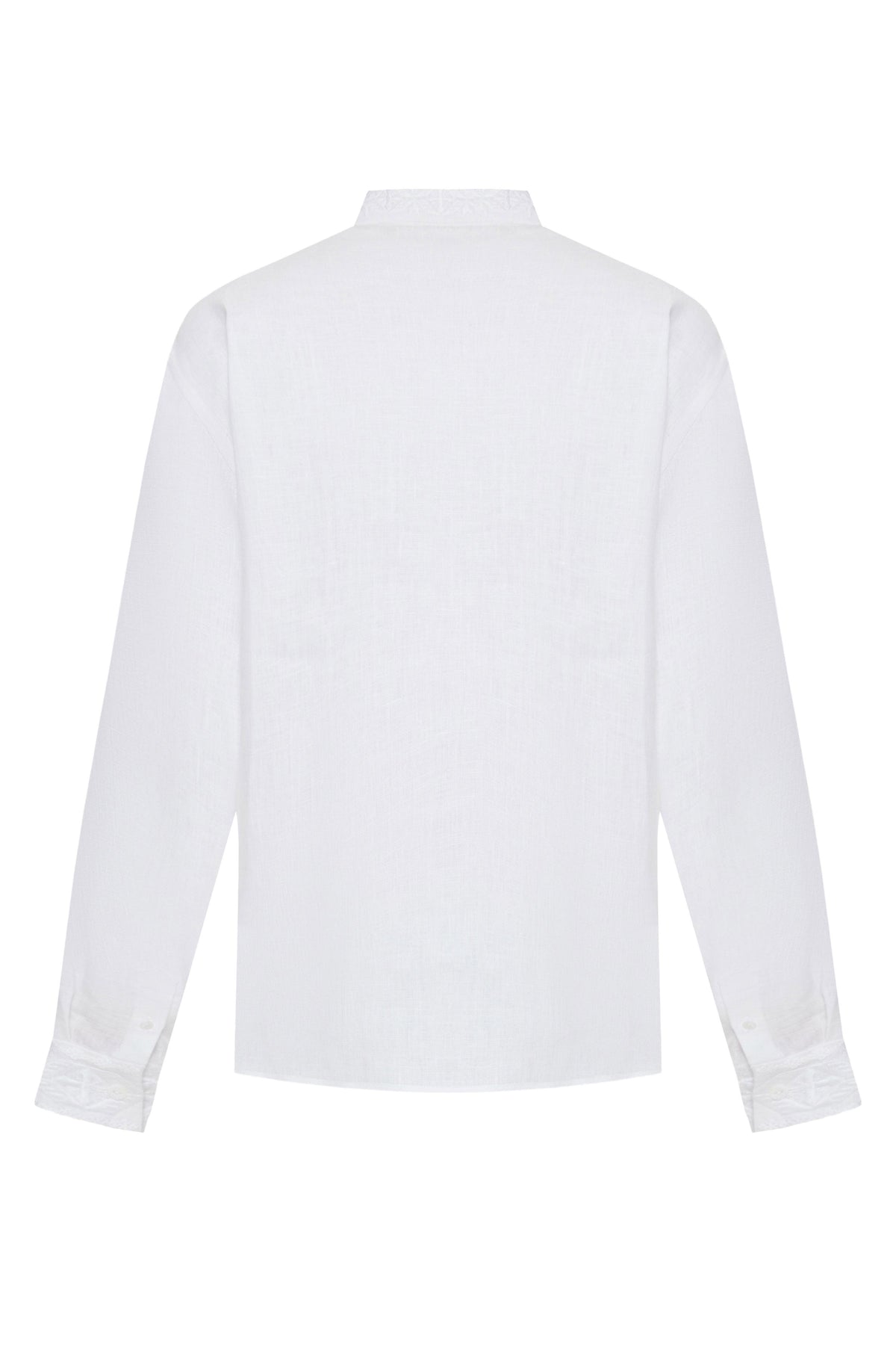 Foberini, Ukrainian vyshyvanka embroidered blouse, white, linen, geometric motif, hand-embroidered – embroidery detail