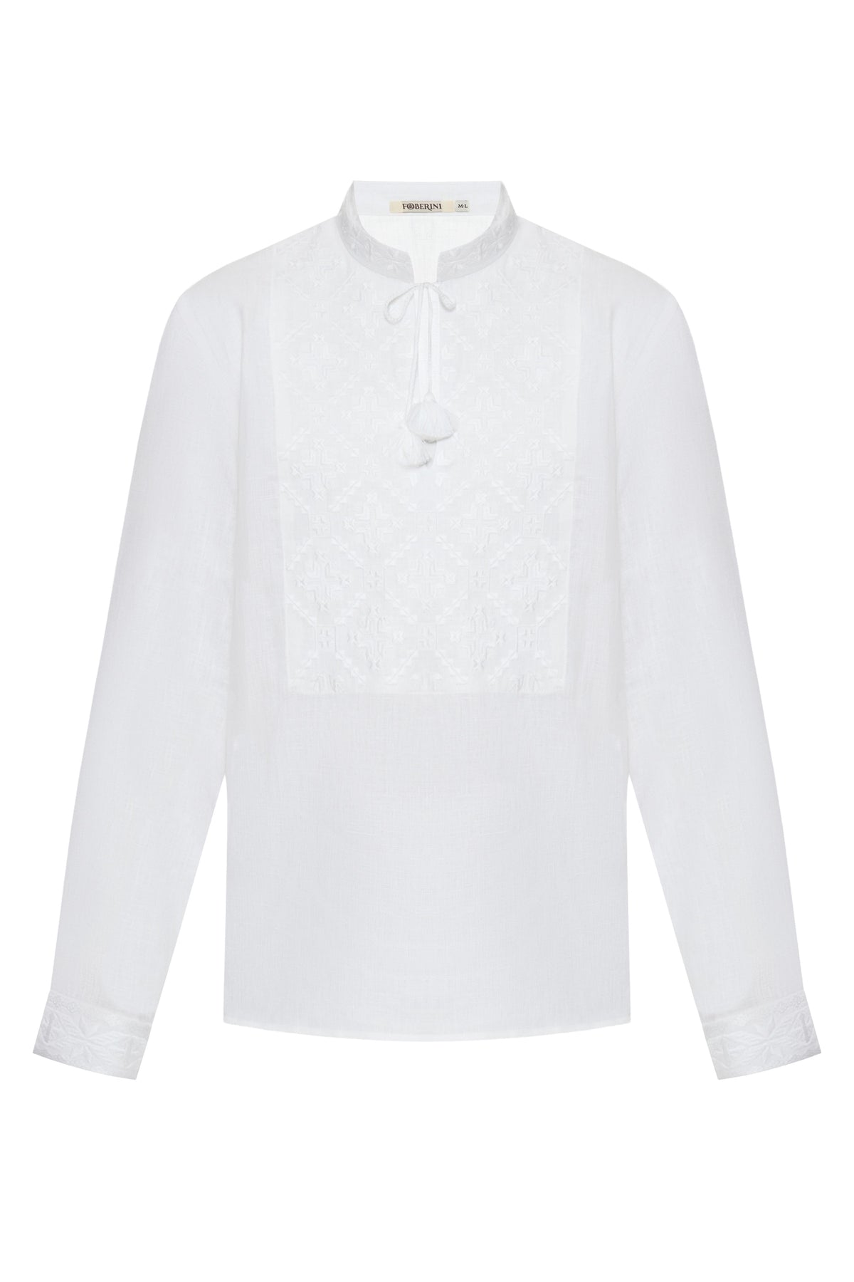 Foberini, Ukrainian vyshyvanka embroidered blouse, white, linen, geometric motif, hand-embroidered