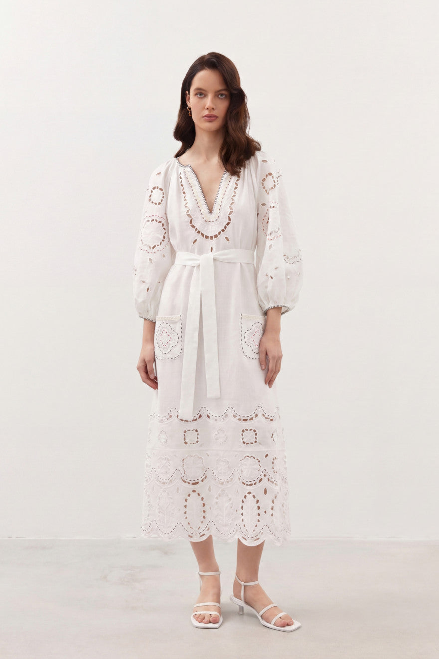 Merezhivo white linen maxi dress – 24-carat gilded bead collar