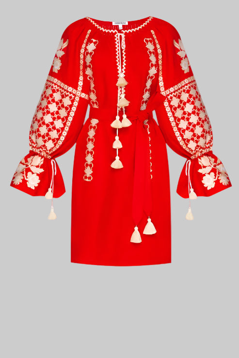 Rochie mini stil traditional Zoryana broderie etnica rosu Foberini