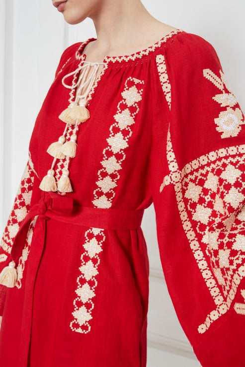 Rochie mini stil traditional Zoryana broderie etnica rosu Foberini