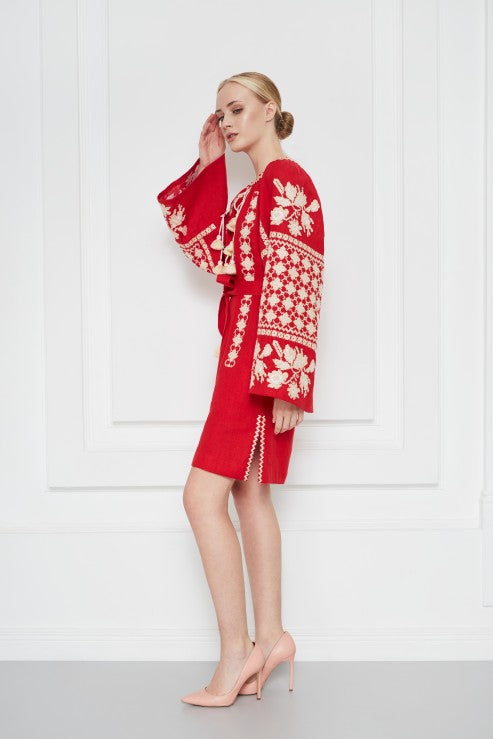 Rochie mini stil traditional Zoryana broderie etnica rosu Foberini