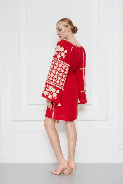 Rochie mini stil traditional Zoryana broderie etnica rosu Foberini