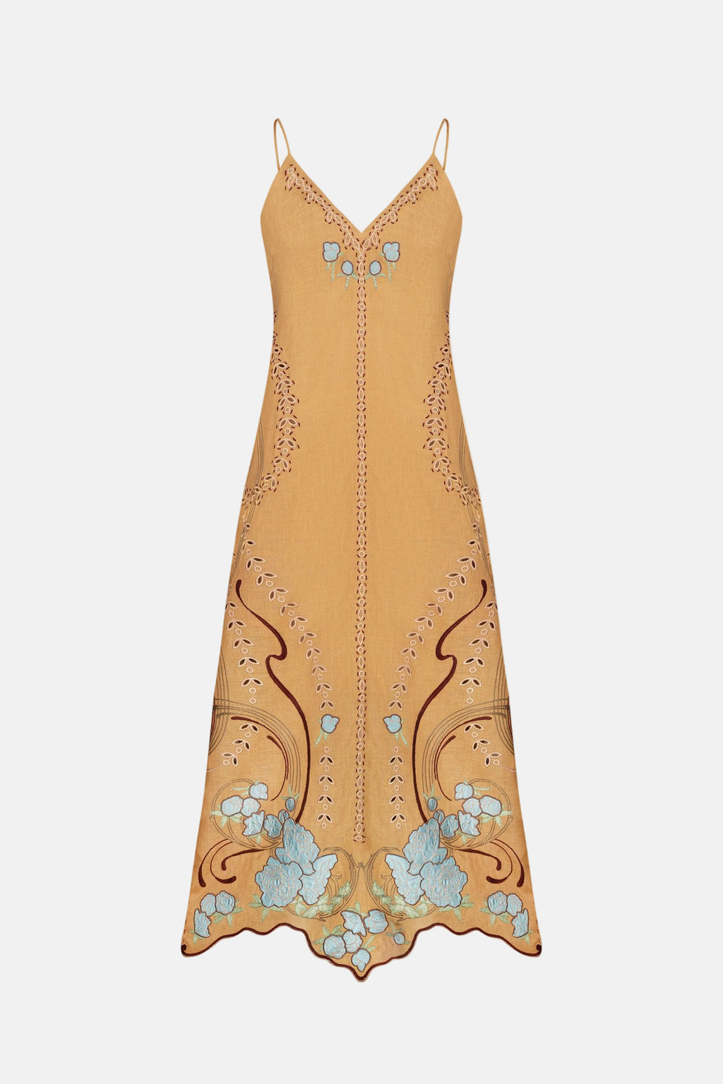 Mustard yellow slip dress with floral embroidery on a white background