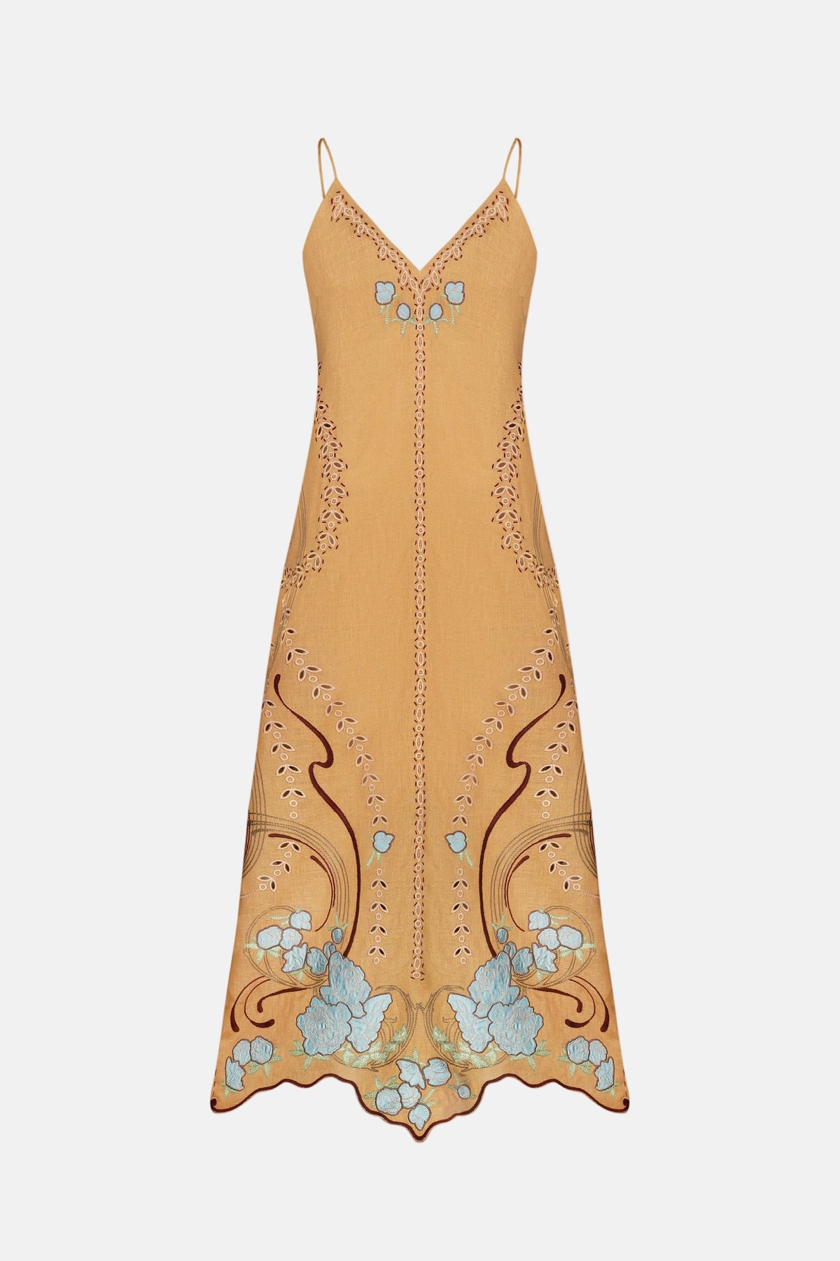 Mustard yellow slip dress with floral embroidery on a white background