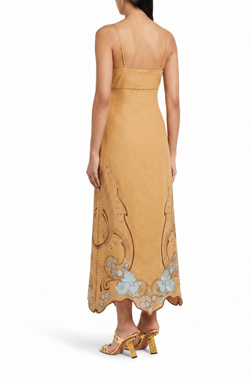 Moet mustard linen sarafan dress - Richelieu lace and bead inlay detail