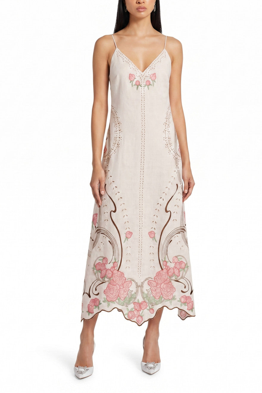 Moet ivory linen sarafan dress - Richelieu lace and silk applique detail