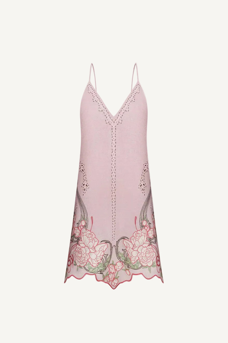 My Sleeping Gypsy, Embroidered dress, pink, linen, hand-embroidered