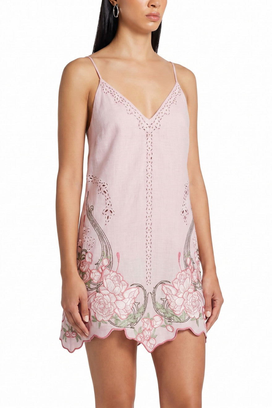My Sleeping Gypsy, Embroidered dress, pink, linen, hand-embroidered – fabric detail