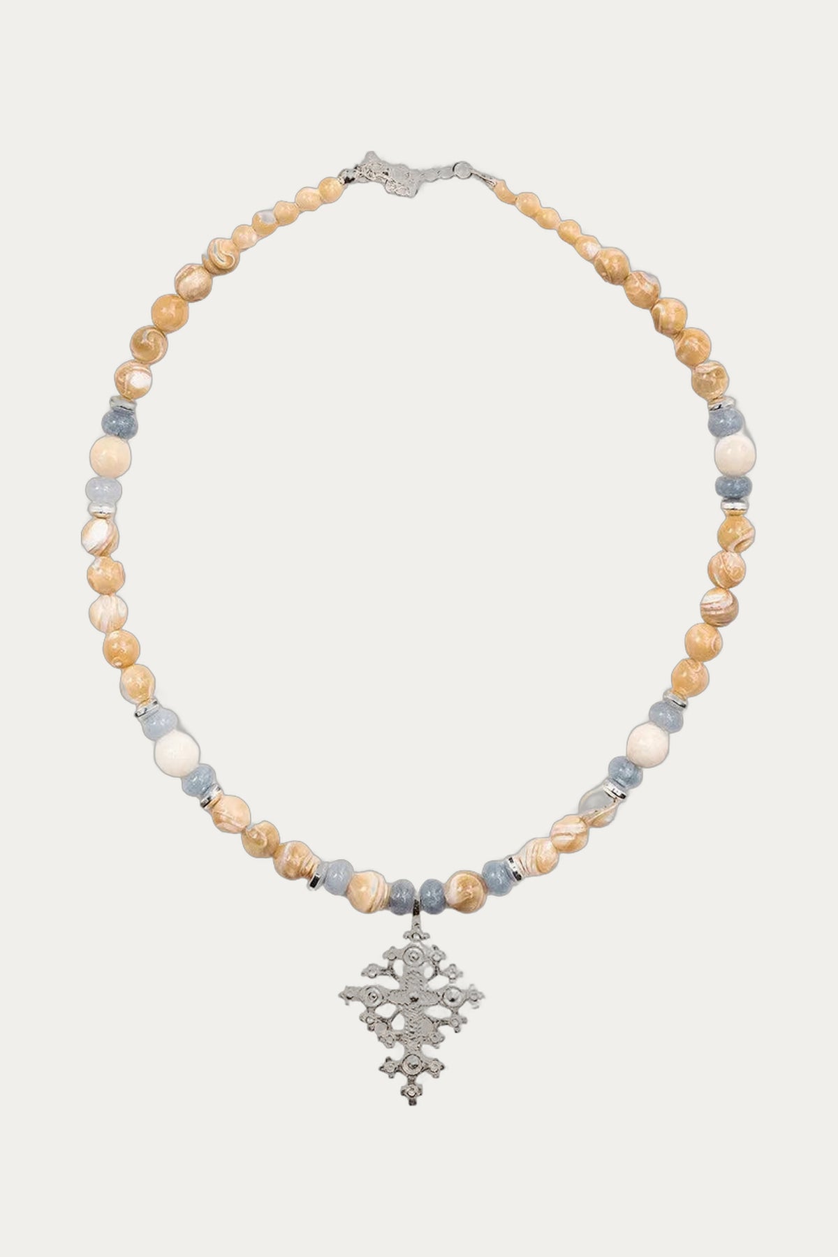 Mother-of-Pearl, Blue Agate & 925 Silver Cross Necklace