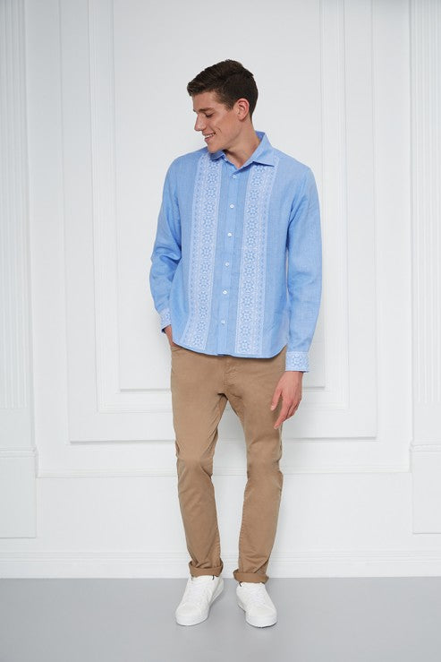 Camasa barbateasca albastra cu broderie alba traditionala Motherland Foberini