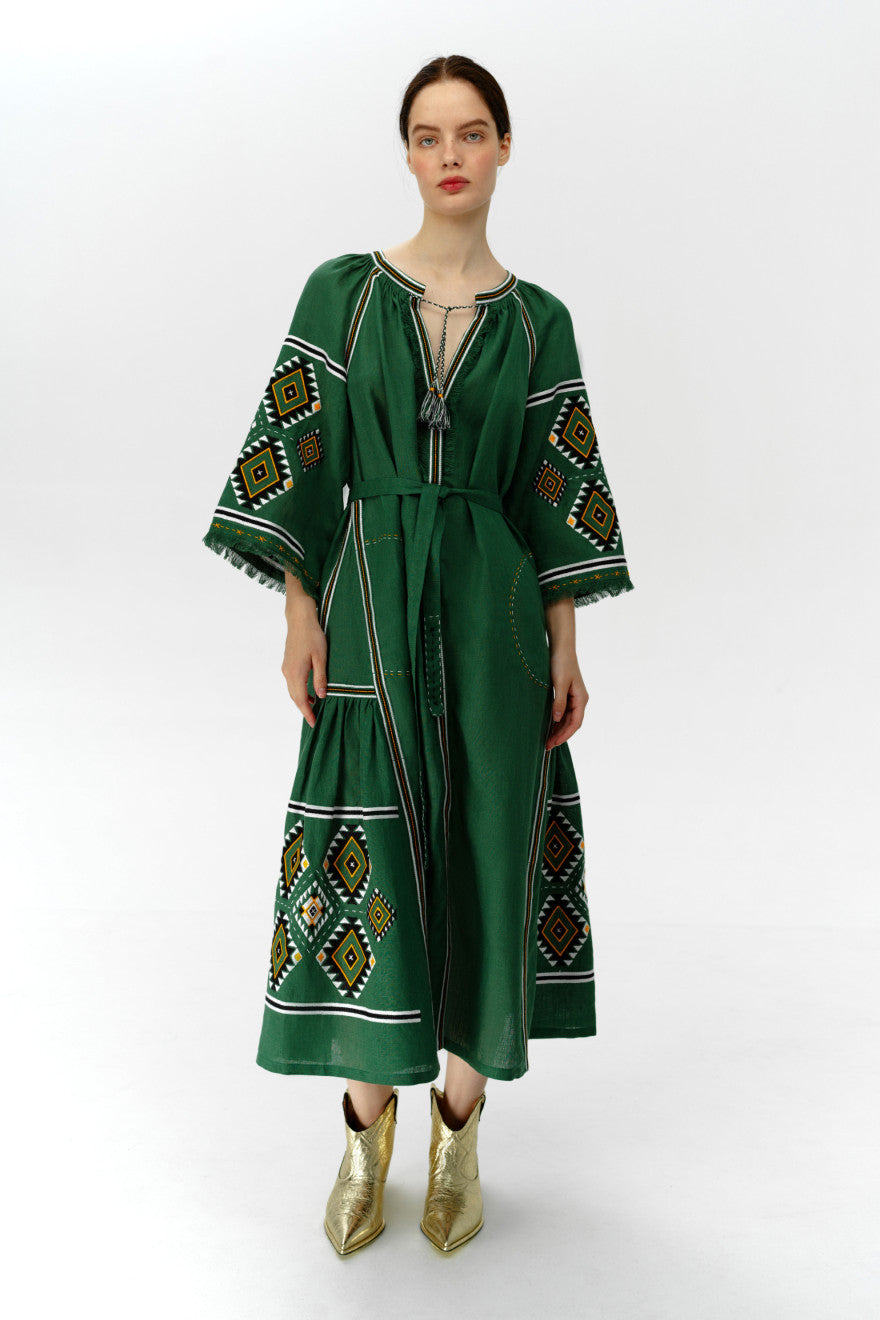 Dark-green linen Kylymy midi dress, full view, My Sleeping Gypsy