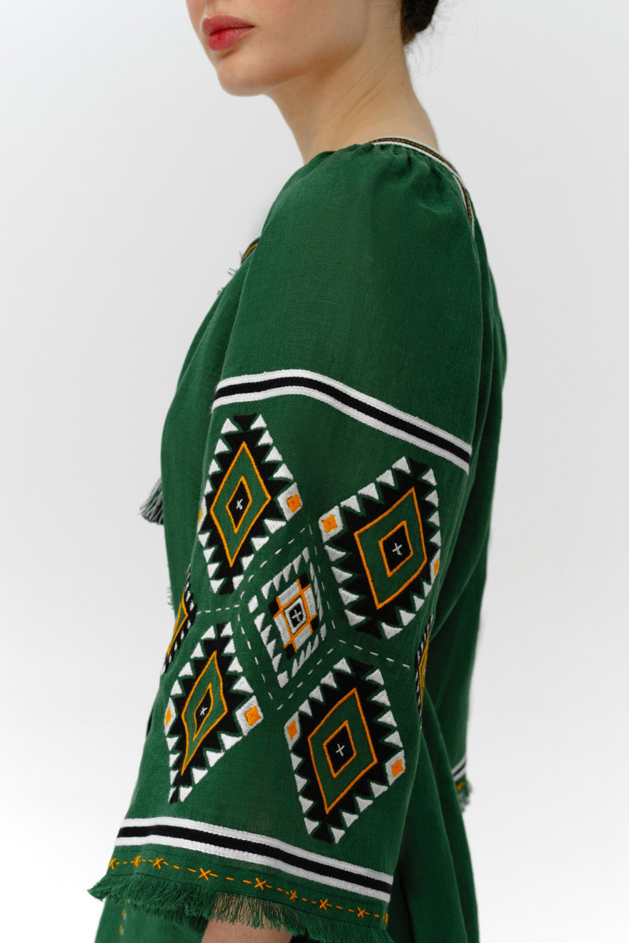 Kylymy dark-green midi dress with cross-stitch embroidery detail