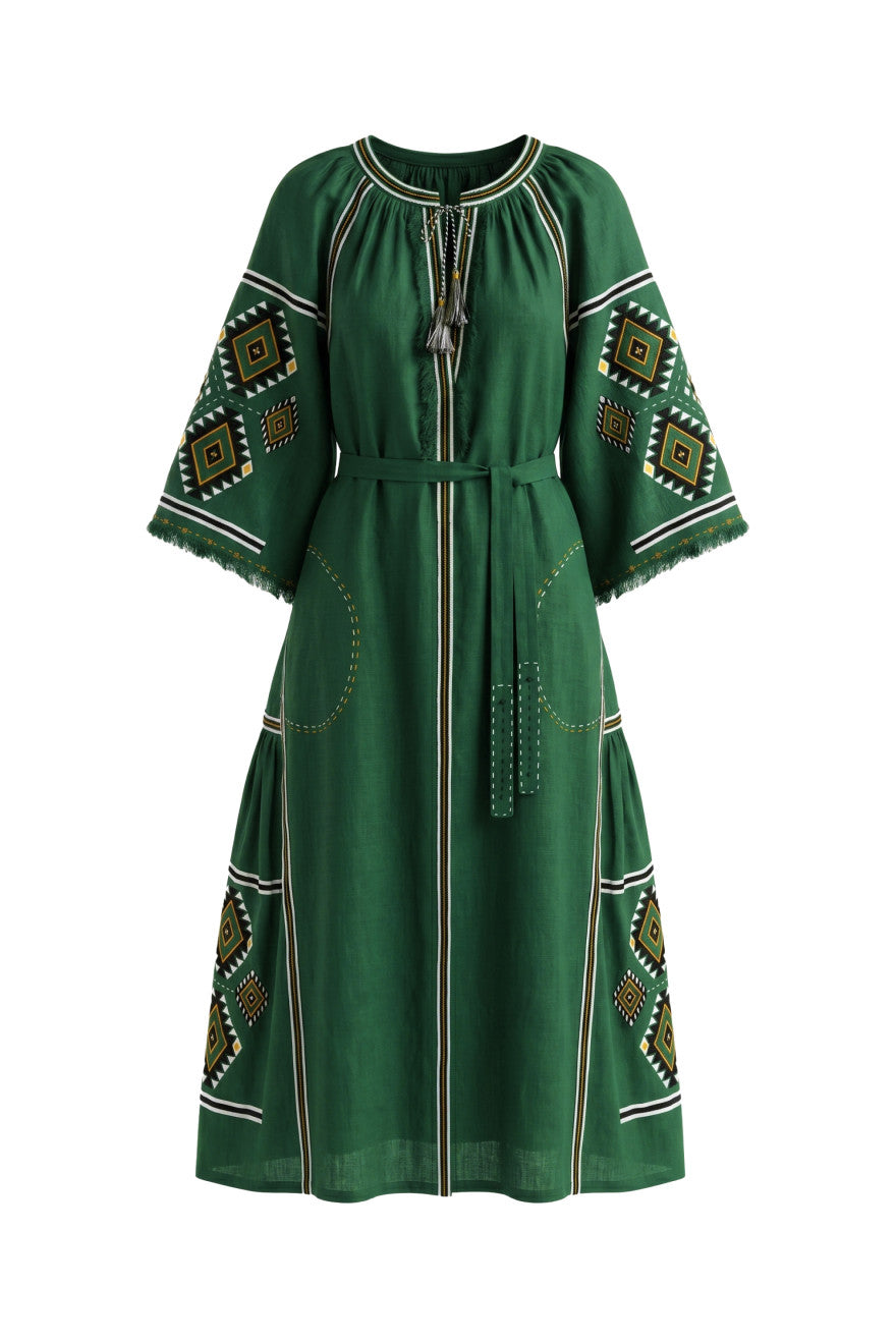 Dark-green linen Kylymy midi dress with bright folk embroidery, My Sleeping Gypsy