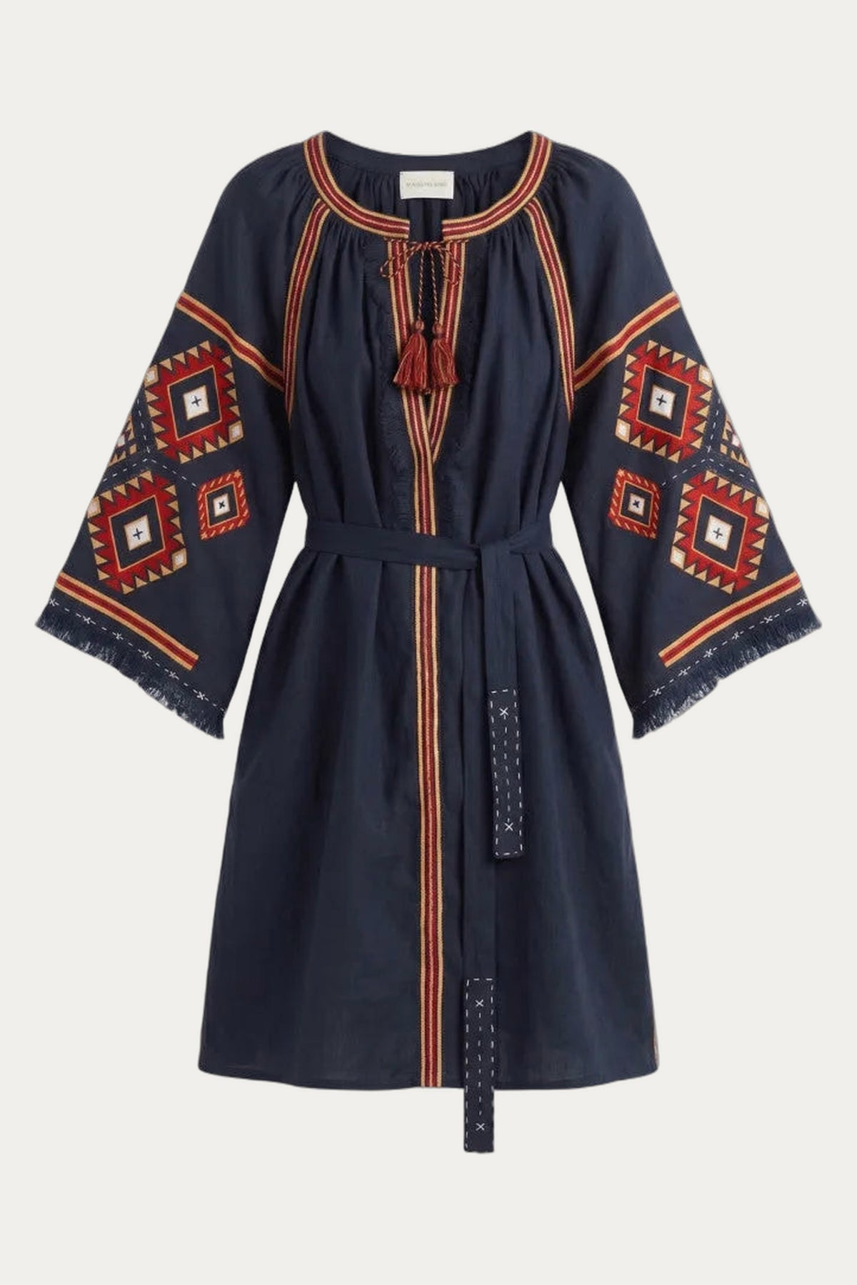 Navy linen dress with folk geometry embroidery patterns Kilmy My sleeping Gypsy by My Sleeping Gypsy