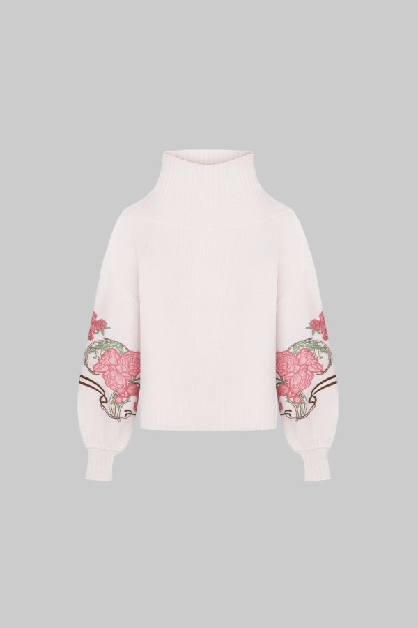 Pulover din caşmir organic cu broderie de mǎtase