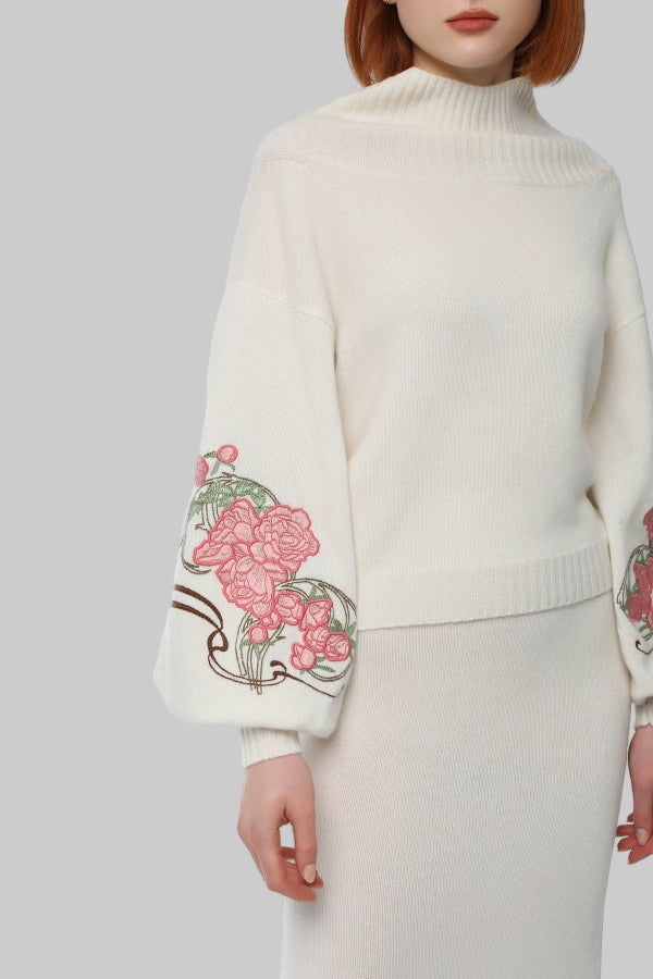 Pulover din caşmir organic cu broderie de mǎtase