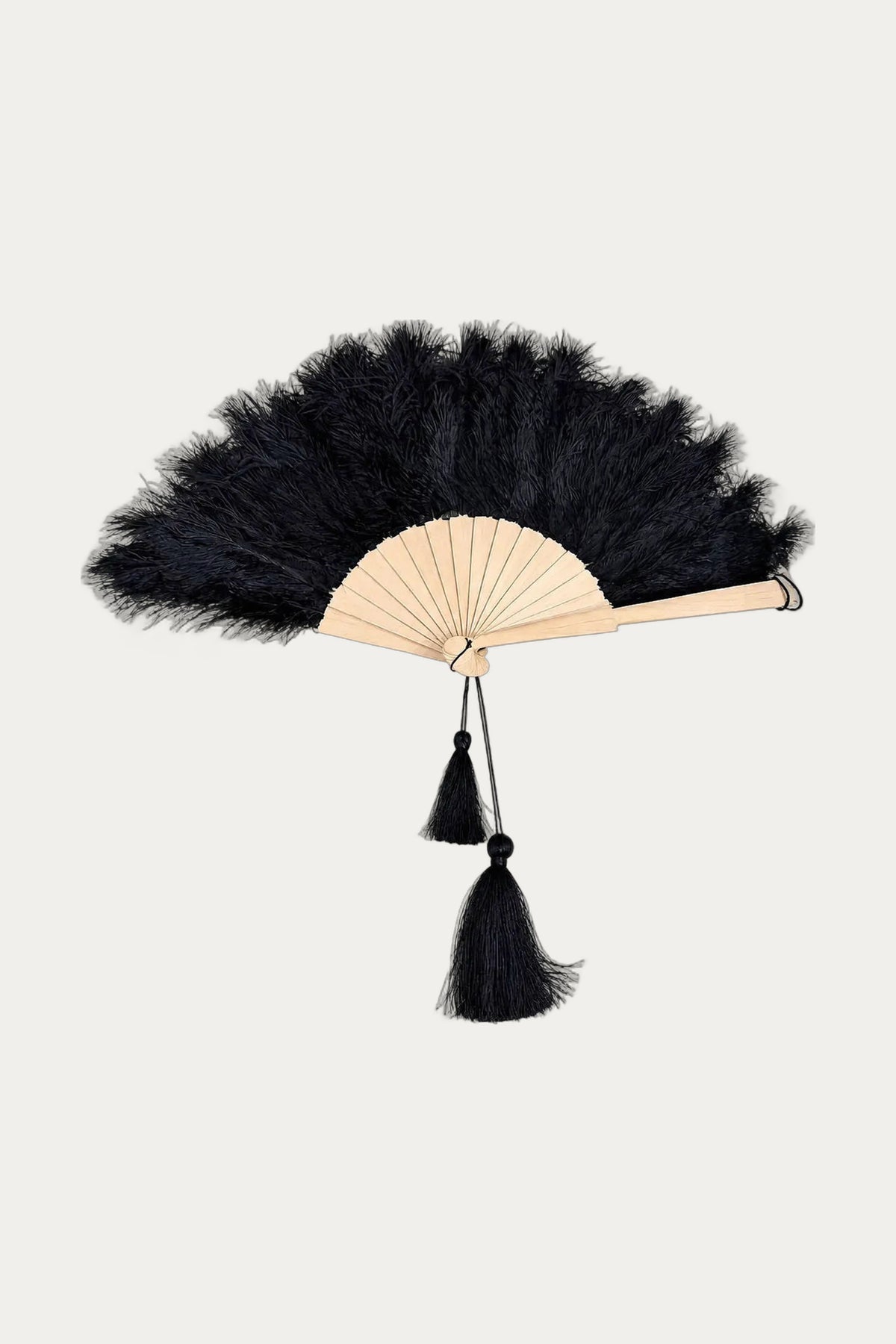 Ostrich Feather & Lace Wooden Fan with Satin Tassels by Katerini Mou