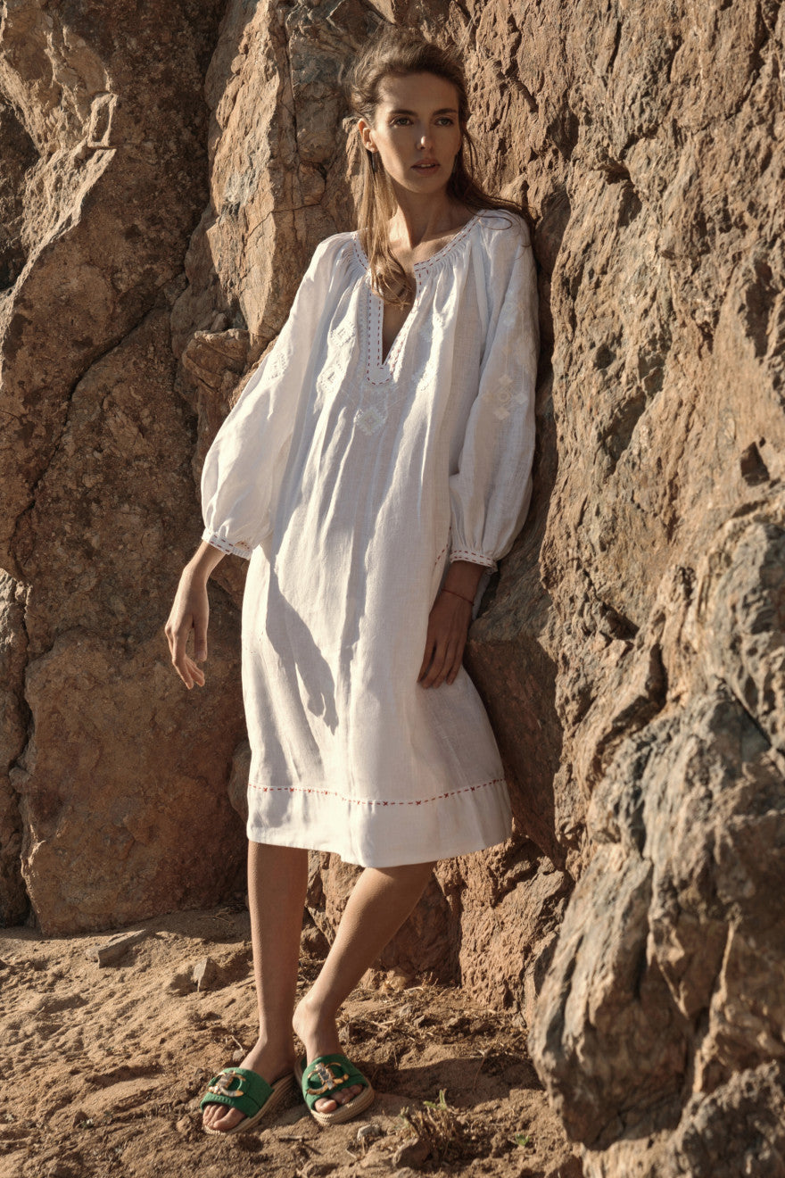 White embroidered linen dress