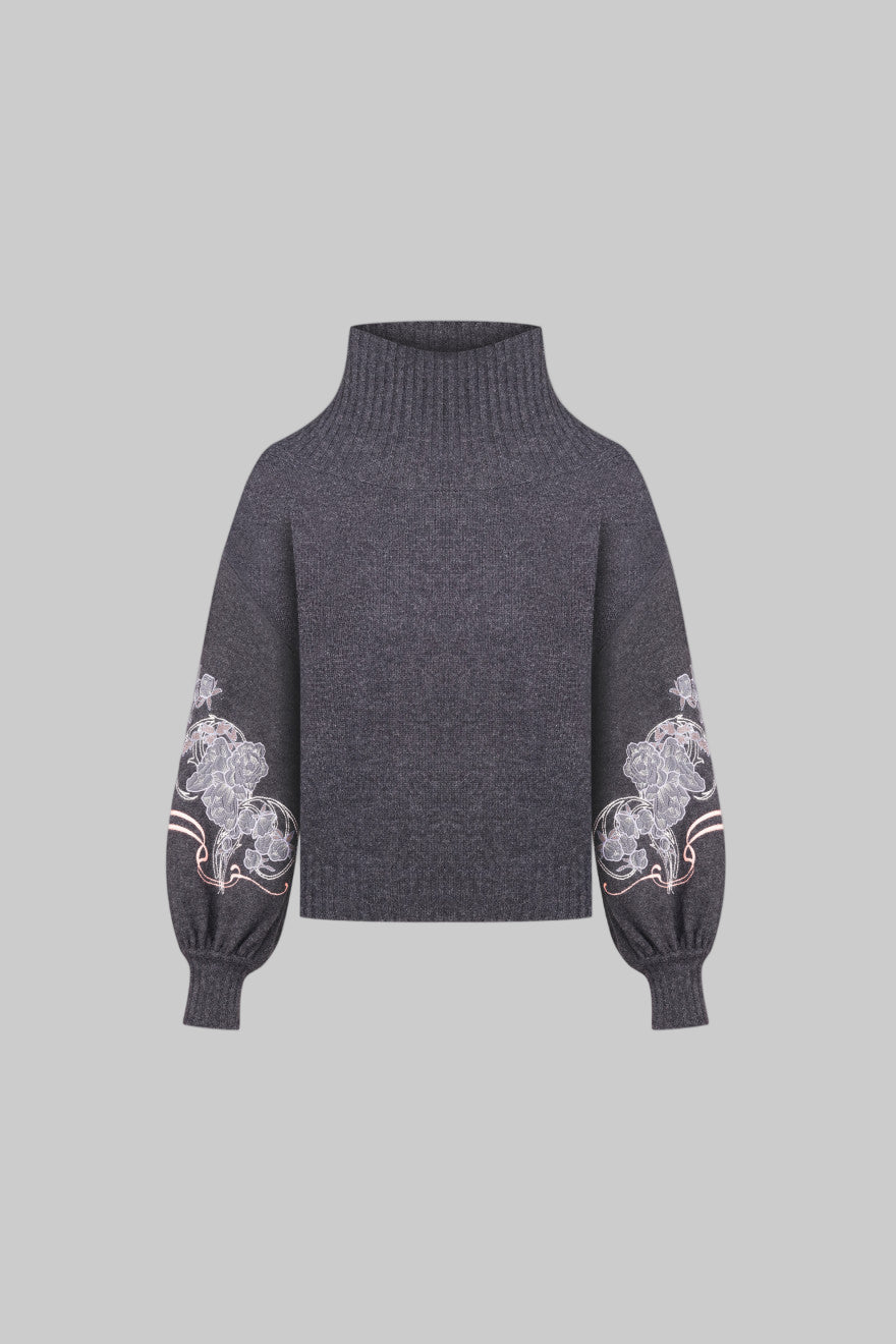 Pulover cu guler înalt și bujori, în culoarea grafit