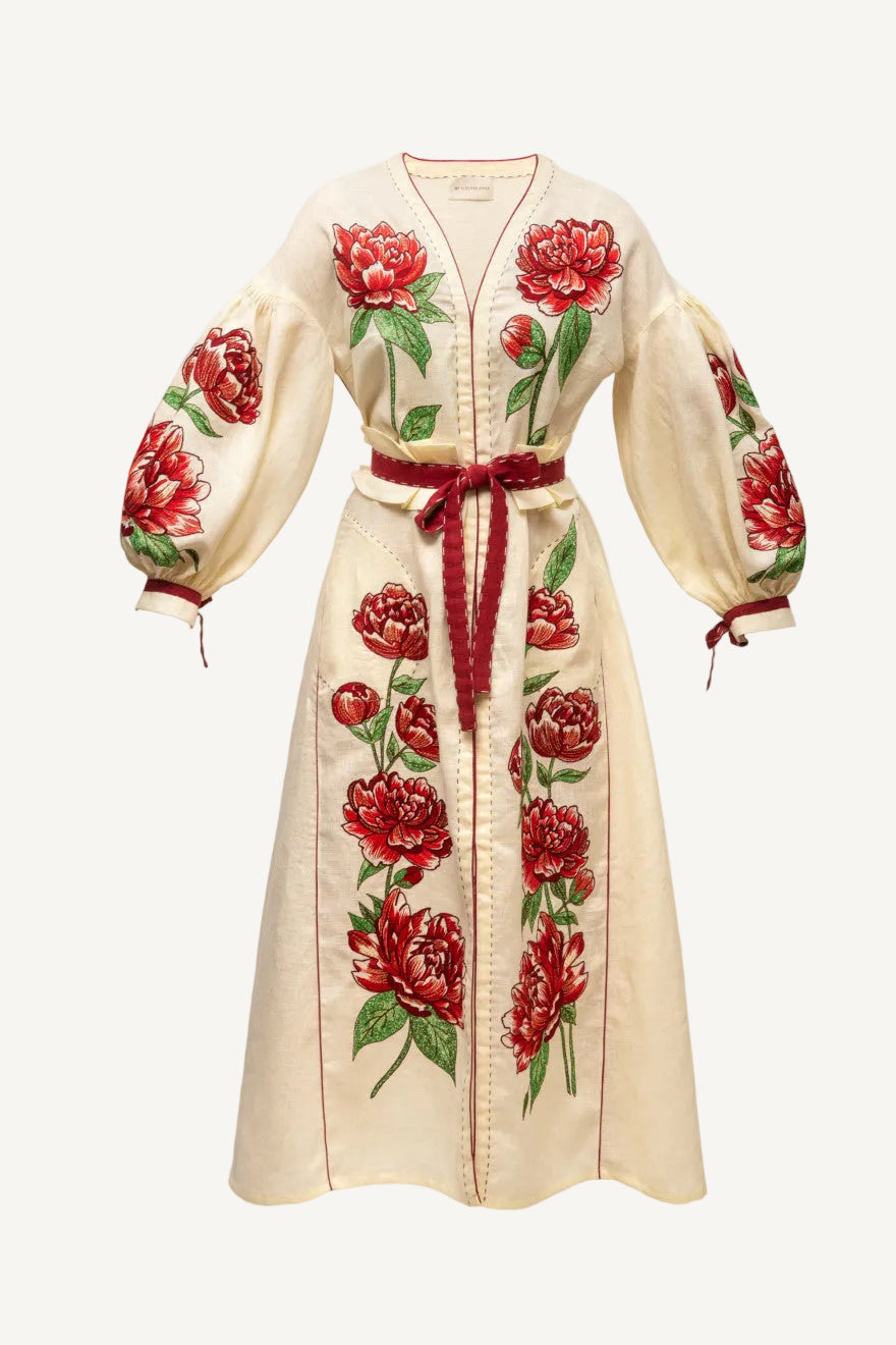Beige dress with red floral embroidery The Peony Dress