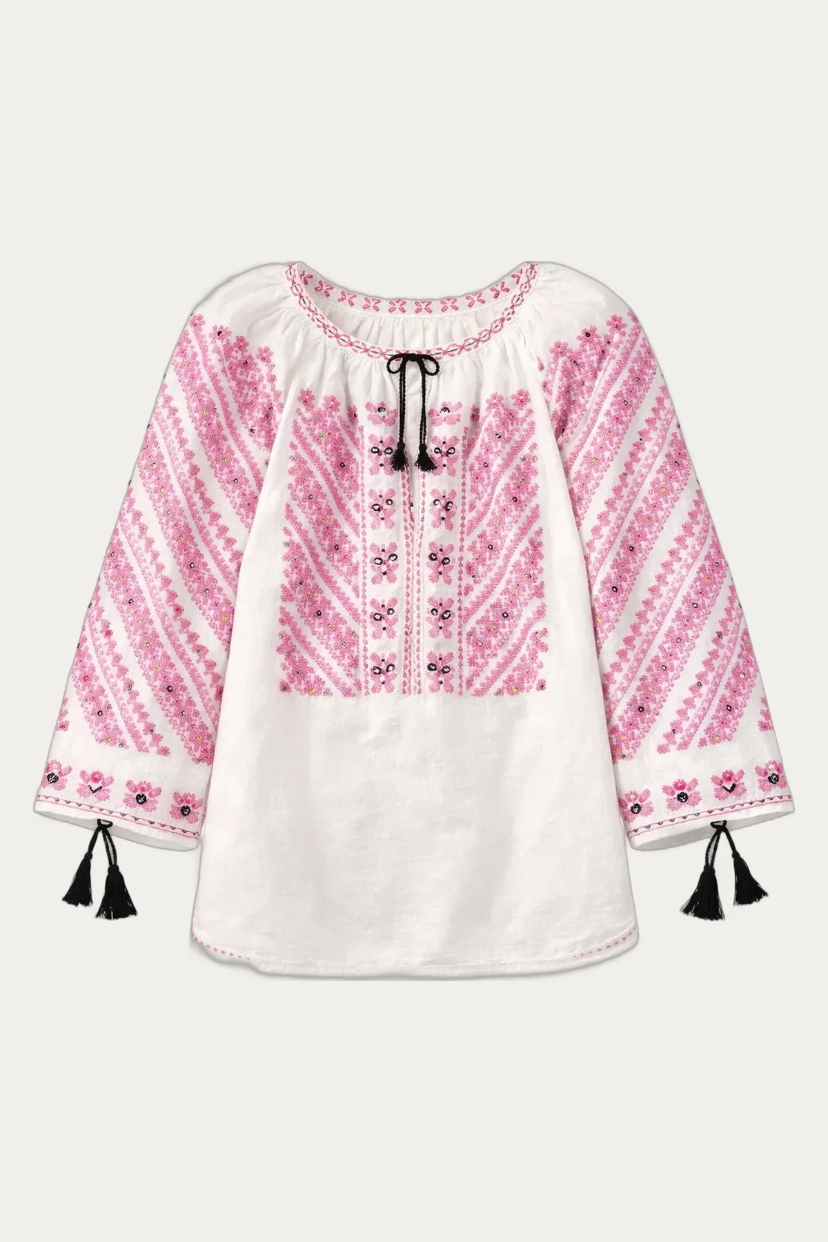 Pink Blossom cross stitched hand-embroidered sequined cotton blouse
