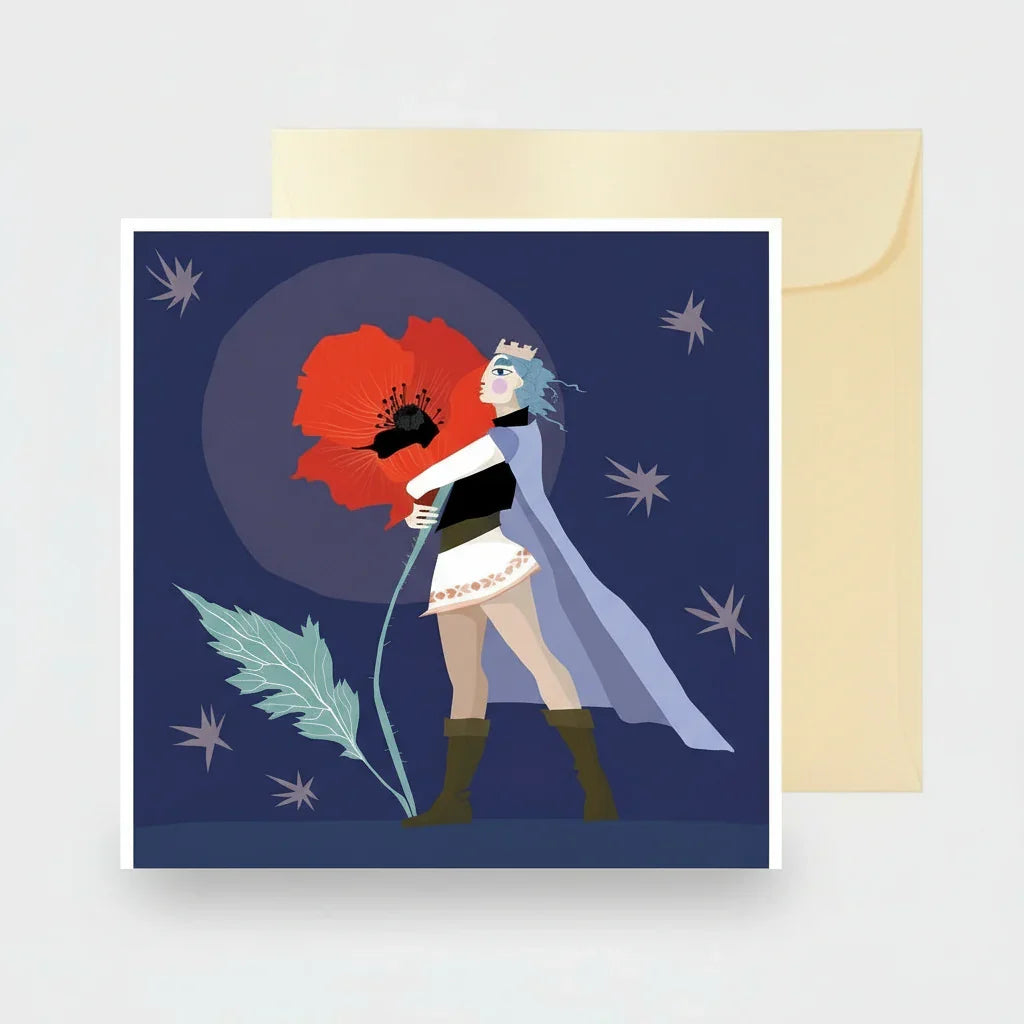 Greeting card with an illustration of a character holding a red flower, accompanied by a beige envelope.