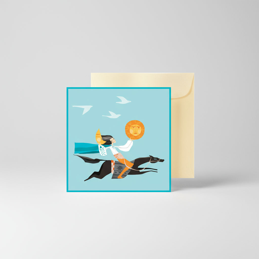 Greeting card with a person riding a horse and holding a lion head, with a beige envelope.