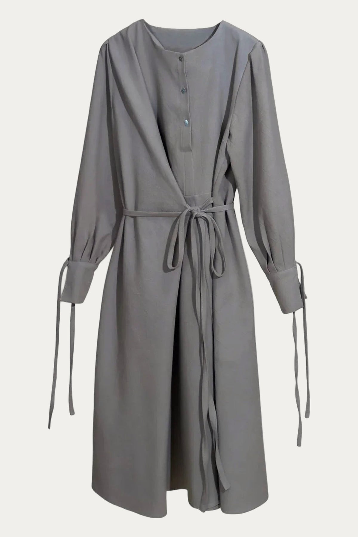 PoeticAlb Sunday Morning Wrap Dress – Grey Organic Cotton Midi, Drawstring Waist & Cuffs, Made in Romania by PoeticAlb