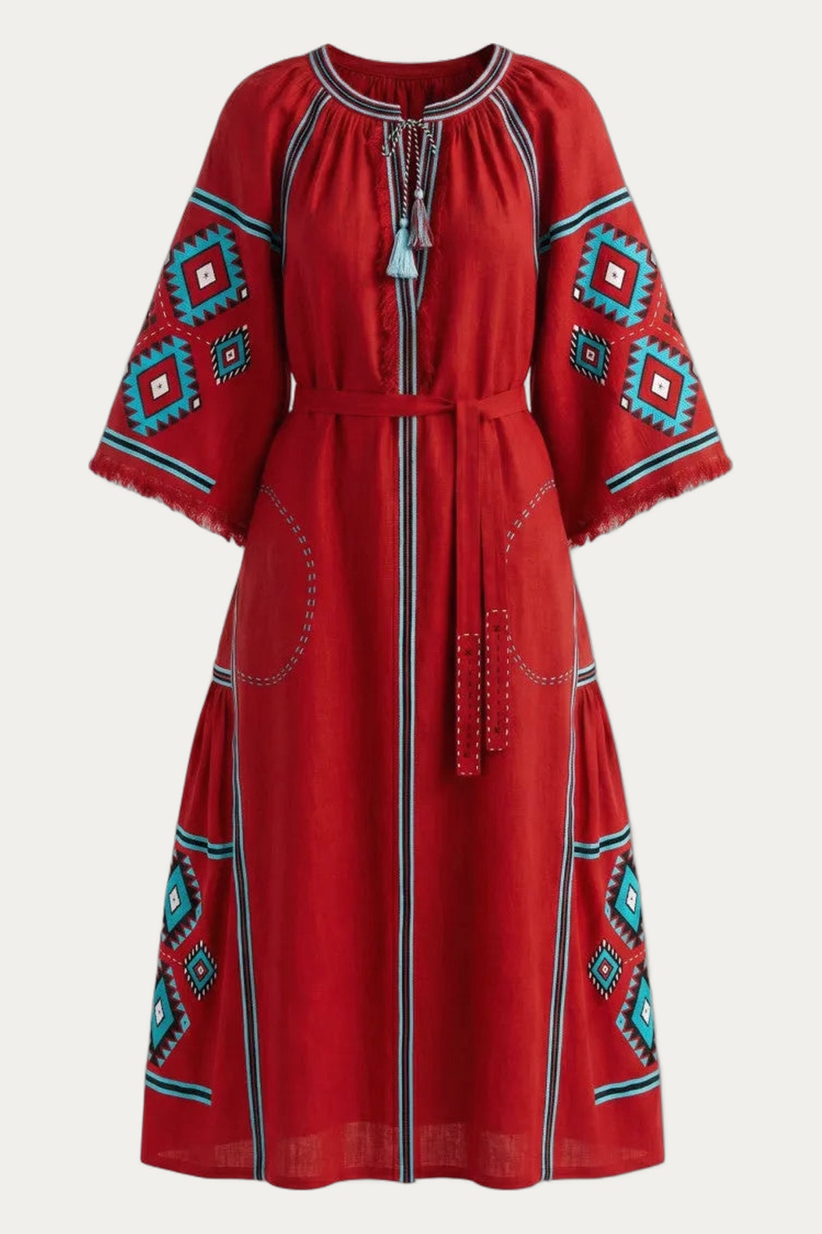 Red linen midi bohemian geometric embroidery dress Kylymy by My Sleeping Gypsy