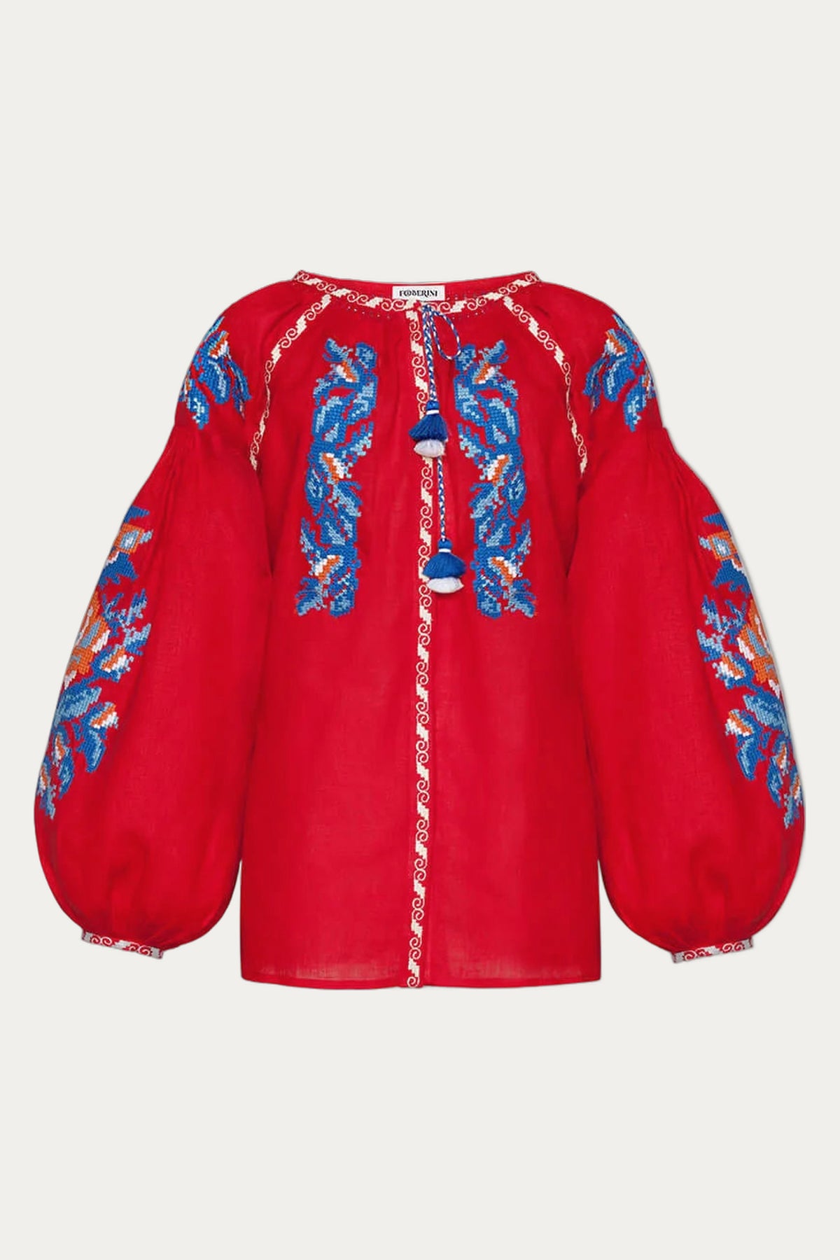 Red linen puff sleeved cross-stitch embroidered blouse Claire by Foberini