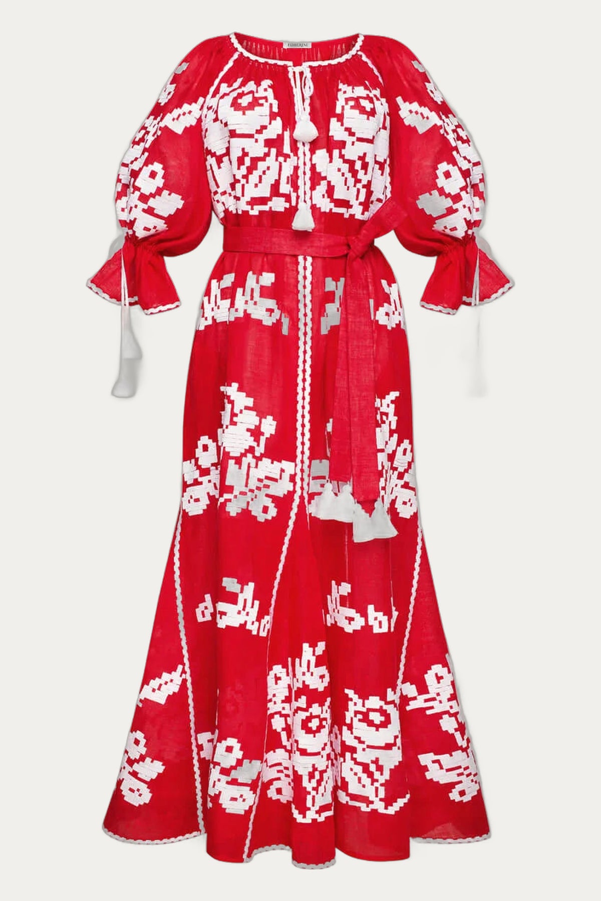 Red sea handmade folklore floral embroidery linen dress Foberini by Foberini