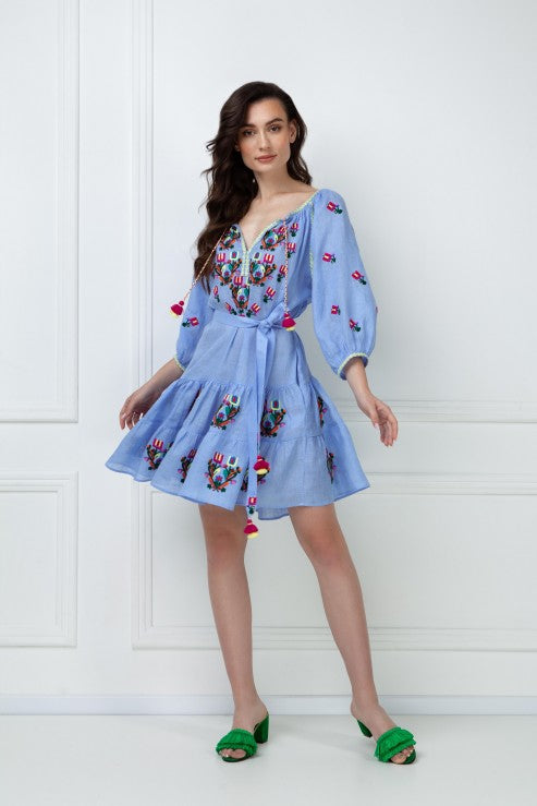 Rochie Cu Broderie Stilizata Omelia Chic Light Blue