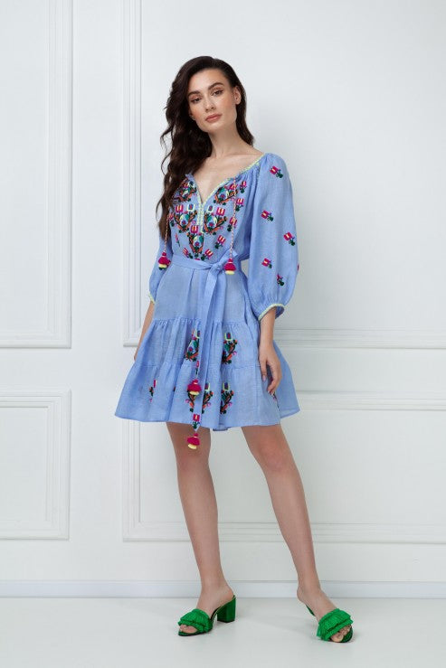 Rochie Cu Broderie Stilizata Omelia Chic Light Blue