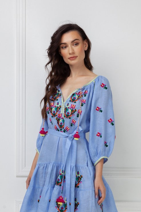 Rochie Cu Broderie Stilizata Omelia Chic Light Blue