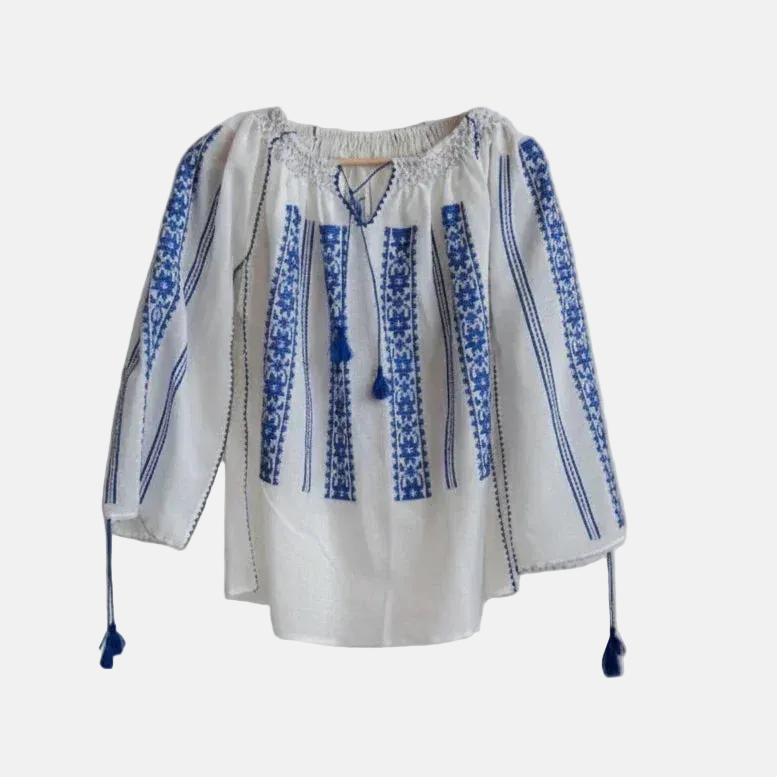 Authentic handmade Romanian blouse, white, linen, geometric motif, hand-embroidered – back view