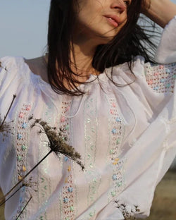 Authentic handmade Romanian blouse, multicolor, floral motif, hand-embroidered