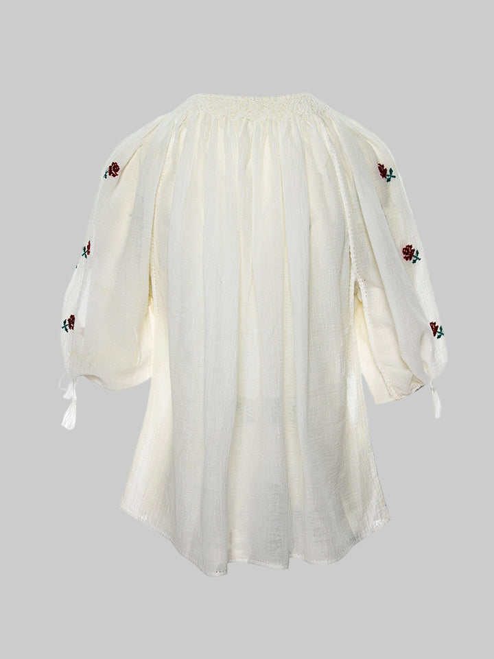 Ie Tradițională Mânecă Scurtă Cu Broderie Florală Roșu și Verde Lucrată Manual