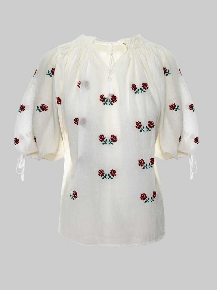 Ie Tradițională Mânecă Scurtă Cu Broderie Florală Roșu și Verde Lucrată Manual