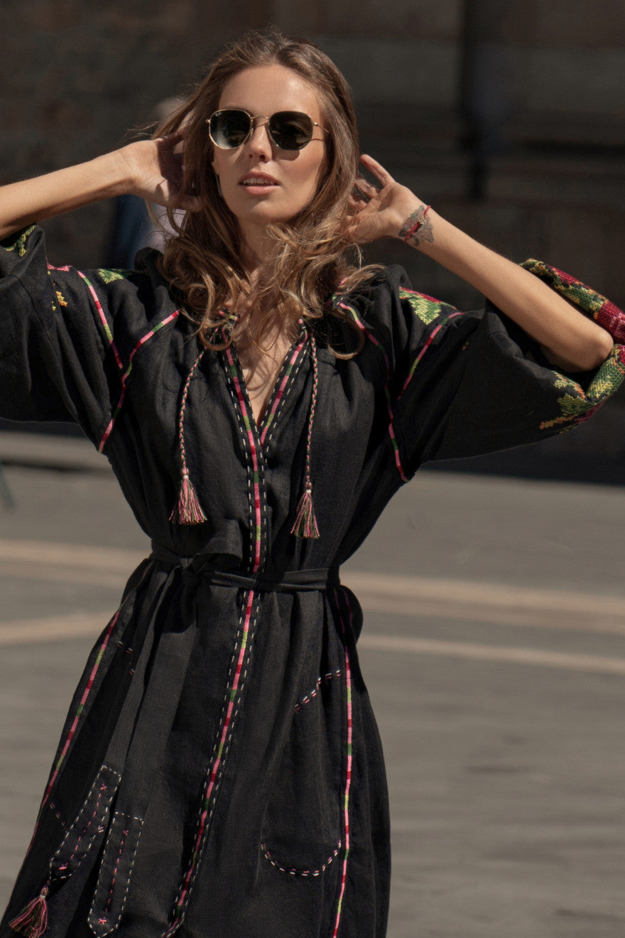 Ruzha black linen midi dress - floral cross-stitch embroidery detail