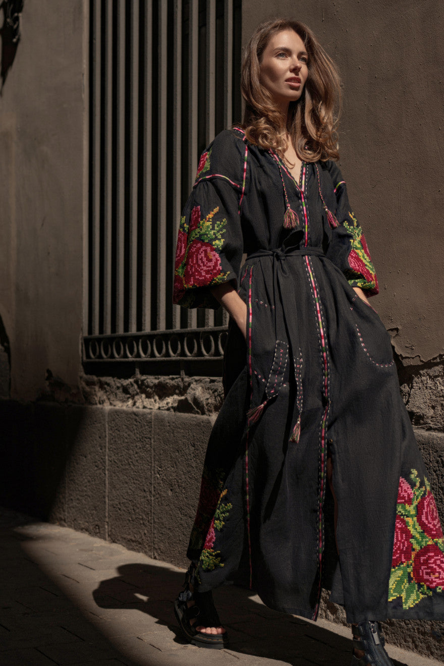 Ruzha black linen midi dress - Zbiranka neckline with ties and tassels