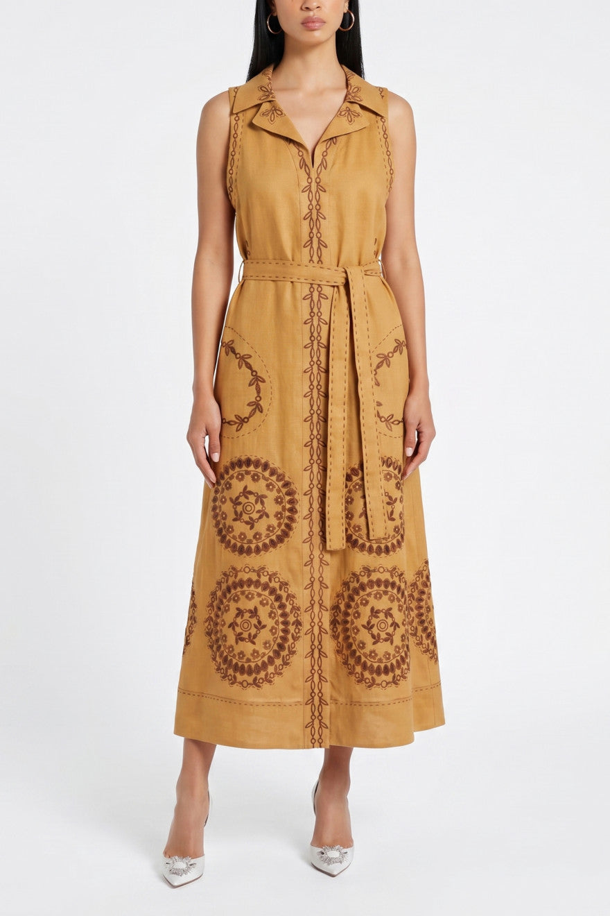 Sarah mustard linen maxi dress - hand embroidery and patch pocket detail